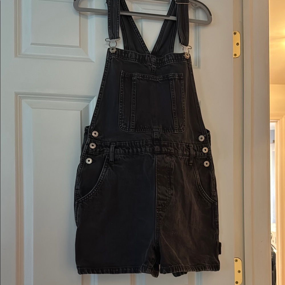 Faded Black Denim Overall Shorts